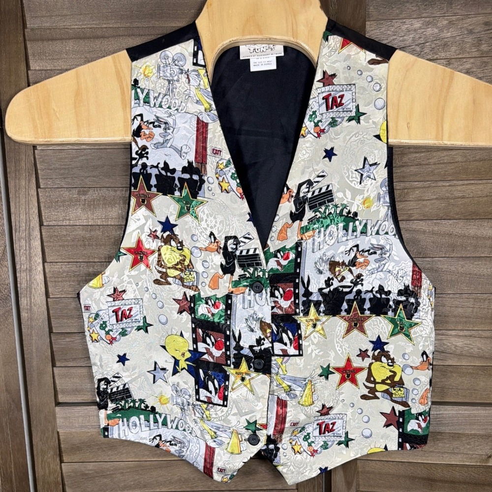 Vintage 1994 Looney Tunes Hollywood Vest All Over Print OSFM Bugs Bunny Taz‎ 90s